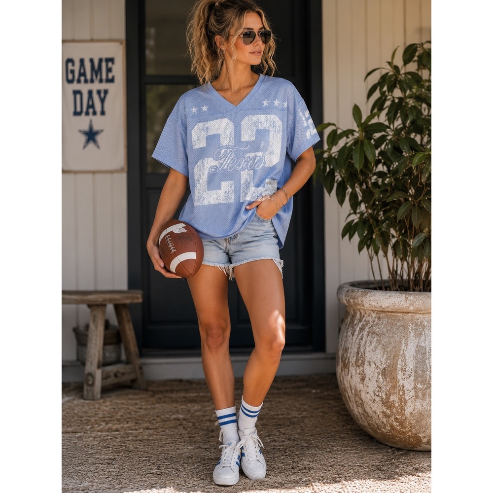 State of Mine Womens Blue Mesh Texas 22 Gameday Jersey V-Neck Shirt‎ Small NWT